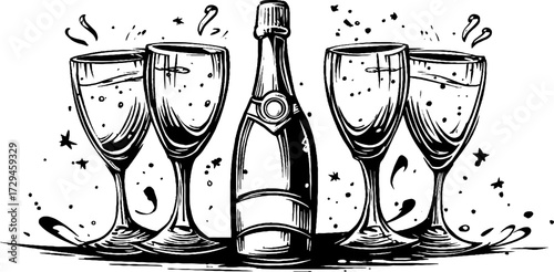 Vintage celebration: engraved sketch of champagne bottle and glasses for festive occasions