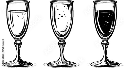 Vintage engraving of champagne flute glass set for retro design and decor