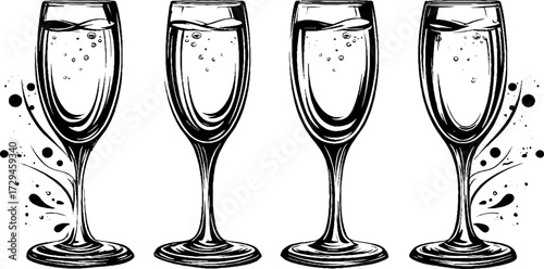 Vintage engraved illustration of champagne flutes, elegant drinkware symbolizing celebration and style.
