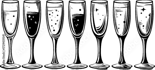 Vintage engraved illustration set of champagne flute glasses for festive design and decoration
