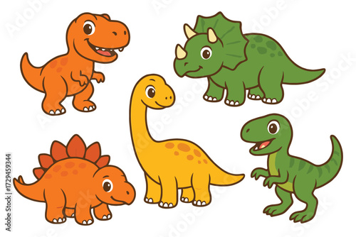 Collection of cute cartoon dinosaurs including tyrannosaurus rex triceratops stegosaurus and brontosaurus