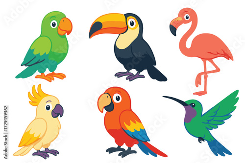 Collection of six colorful tropical birds including parrot toucan flamingo and hummingbird