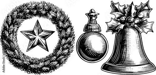 Vintage engraved christmas symbols set featuring wreath, ornament, and bell silhouette for holiday design