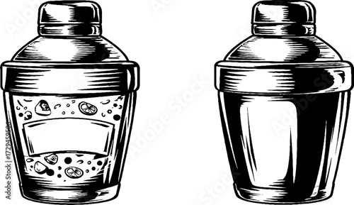 Vintage engraved illustration of a cocktail shaker, classic barware symbol of mixology and timeless craft.
