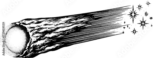 Vintage engraved illustration of glowing comet silhouette for retro design