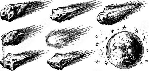 Vintage comets and meteors engraved illustration set for print and design projects