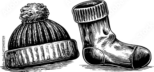 Cozy winter essentials: hand drawn engraving of knit hat and sock for seasonal design