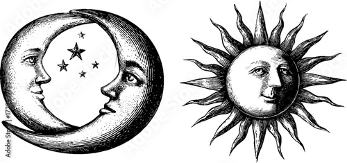 Vintage engraved illustration of crescent moon and sun with faces - retro celestial art for design and decoration
