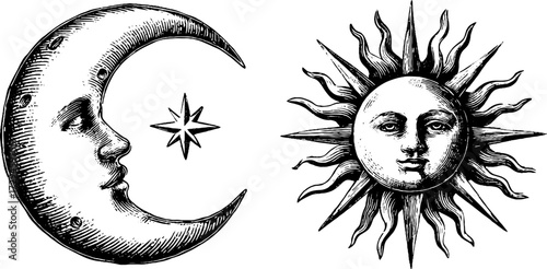 Celestial vintage sketch of crescent moon and radiant sun for art prints and design