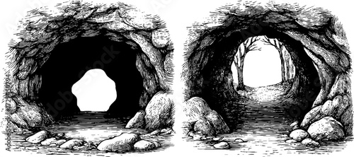 Engraved illustration set of crystal cave entrances for retro design and prints