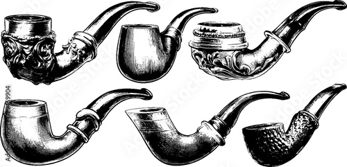 Vintage collection of engraved curved smoking pipes for retro design and decoration