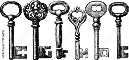 Vintage engraved illustration set of decorative antique keys for retro design