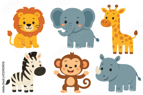 Cute cartoon safari animals collection including lion elephant giraffe zebra monkey and rhino