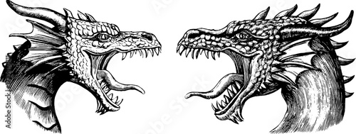 Roaring dragon heads in vintage engraving style - mythical creatures illustration for fantasy design