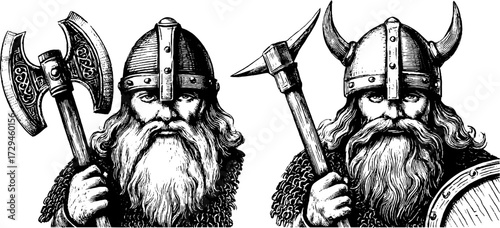 Engraved illustration set of viking warrior dwarves with axe and shield - retro design for posters