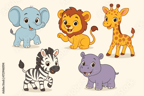 Adorable cartoon safari animals including elephant lion giraffe zebra and rhino