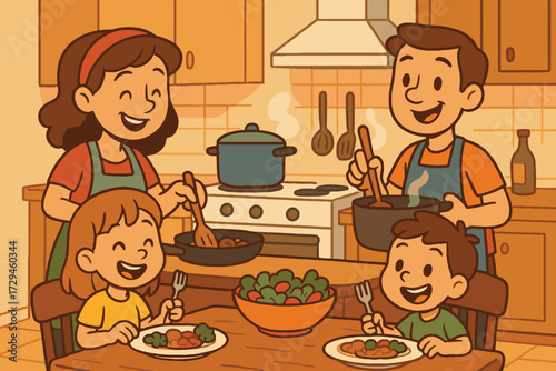 Happy family cooking and eating dinner together in a warm cozy kitchen scene