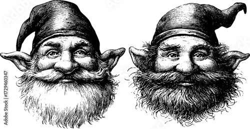 Vintage engraved illustration set of elves and dwarves for fantasy design