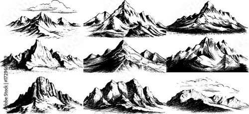 Enchanted mountain landscape set: vintage hand-drawn engravings for art and design