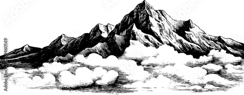Enchanted mountain landscape engraving design for artistic decor and prints