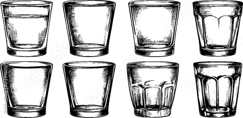 Vintage engraved illustration of everyday drinking glasses with intricate handcrafted detail and timeless elegance.
