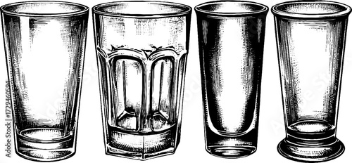 Vintage engraved set of everyday drinking glasses for design and decor