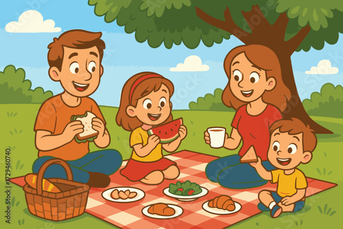 Happy cartoon family enjoying a sunny picnic lunch together outdoors under a large tree