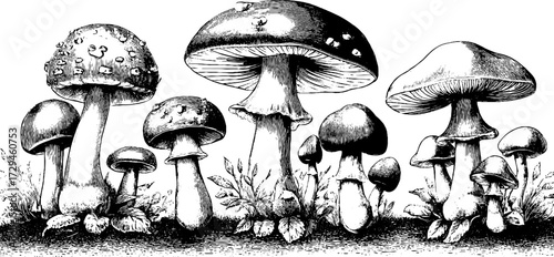 Vintage engraved illustration of fairy circle mushrooms for retro design