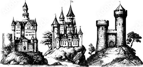 Fantasy castle engravings set - vintage sketches for design and decor