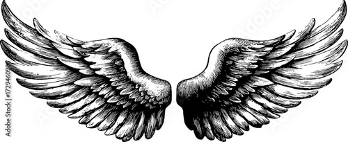 Vintage engraved illustration of firebird wings with spread design for artistic projects