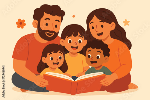 Happy diverse family reading a book together indoors with warm autumn colors