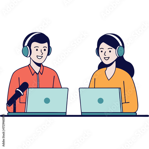 Two smiling people wearing headphones and sitting at desks with laptops and microphones ready for a podcast or broadcast session