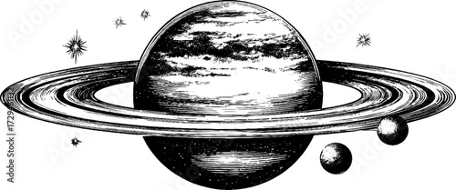 Vintage engraved illustration of gas giant planet with moons for retro design