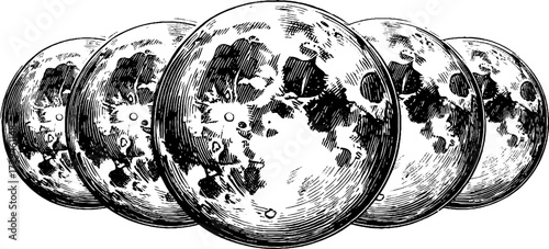 Vintage set of engraved full moon illustrations in retro style for artistic design