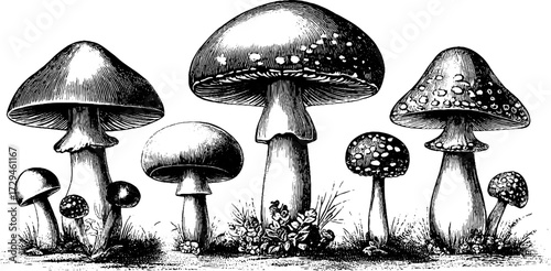 Fantasy giant mushroom engravings for vintage design and decoration