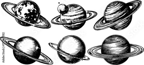 Vintage engraved sketch set of gas giant planets for retro design