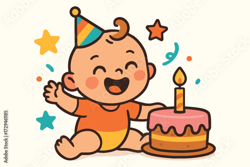 Happy baby wearing a birthday hat celebrates with a cake and confetti