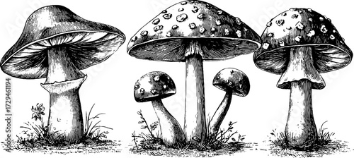 Giant fantasy mushrooms engraved illustration set for vintage design and decor