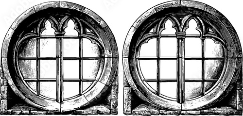 Gothic circular window design - engraved illustration set for historical architecture themes