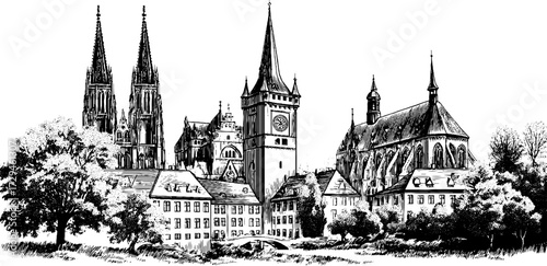 Vintage engraved illustration of gothic cathedral borders with trees and buildings for design projects