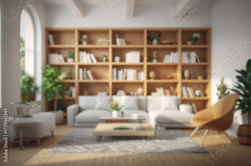 Bright and airy living area with a modern bookshelf showcasing books and greenery, emphasizing a calm and minimalist home environment.