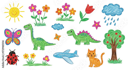 Collection of Cute Cartoon Drawings Featuring Animals Plants Weather and Transportation Elements for Childrens Educational Content