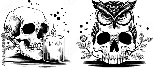 Gothic halloween engraved illustrations of skull and candle with owl skull silhouette