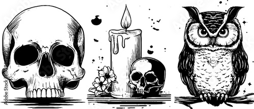 Gothic halloween skull and owl engraving set for vintage design