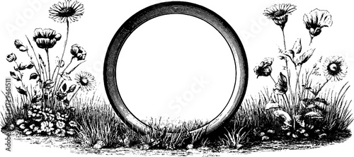 Vintage engraved illustration of grassy floral ring design for posters and cards