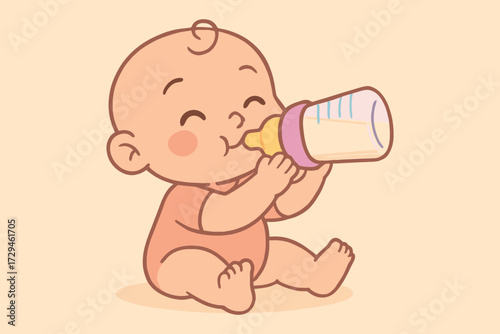 Cute cartoon baby happily drinking milk from a bottle isolated on a soft peach background