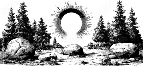 Enchanted forest scene with glowing magical ring and engraved illustration for fantasy art