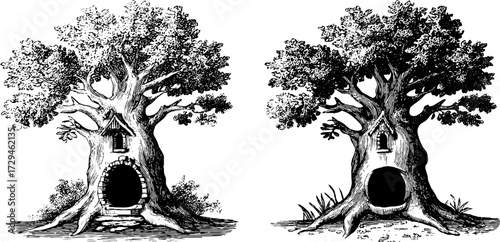 Enchanted treehouse illustrations for fantasy design and decor