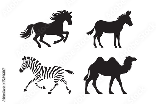 Silhouettes of a horse zebra donkey and camel in motion