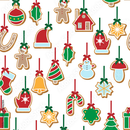 Seamless vector pattern with gingerbread Christmas cookies hanging on red ribbons. Festive holiday background with traditional shapes for winter celebration and decoration.